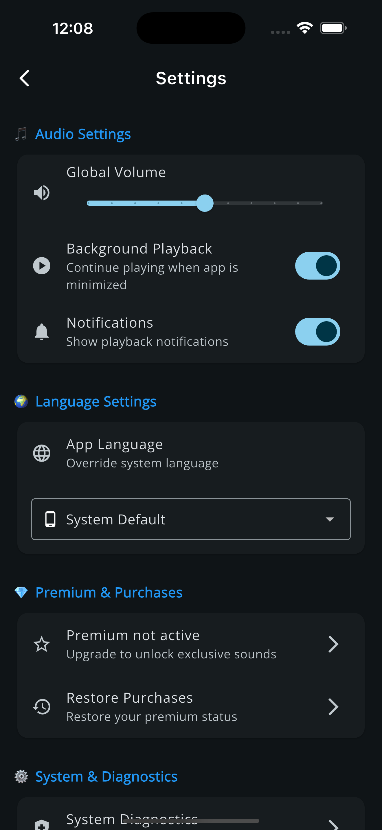 ⚙️ App Settings - Personalize your app experience with comprehensive audio, language and system settings.